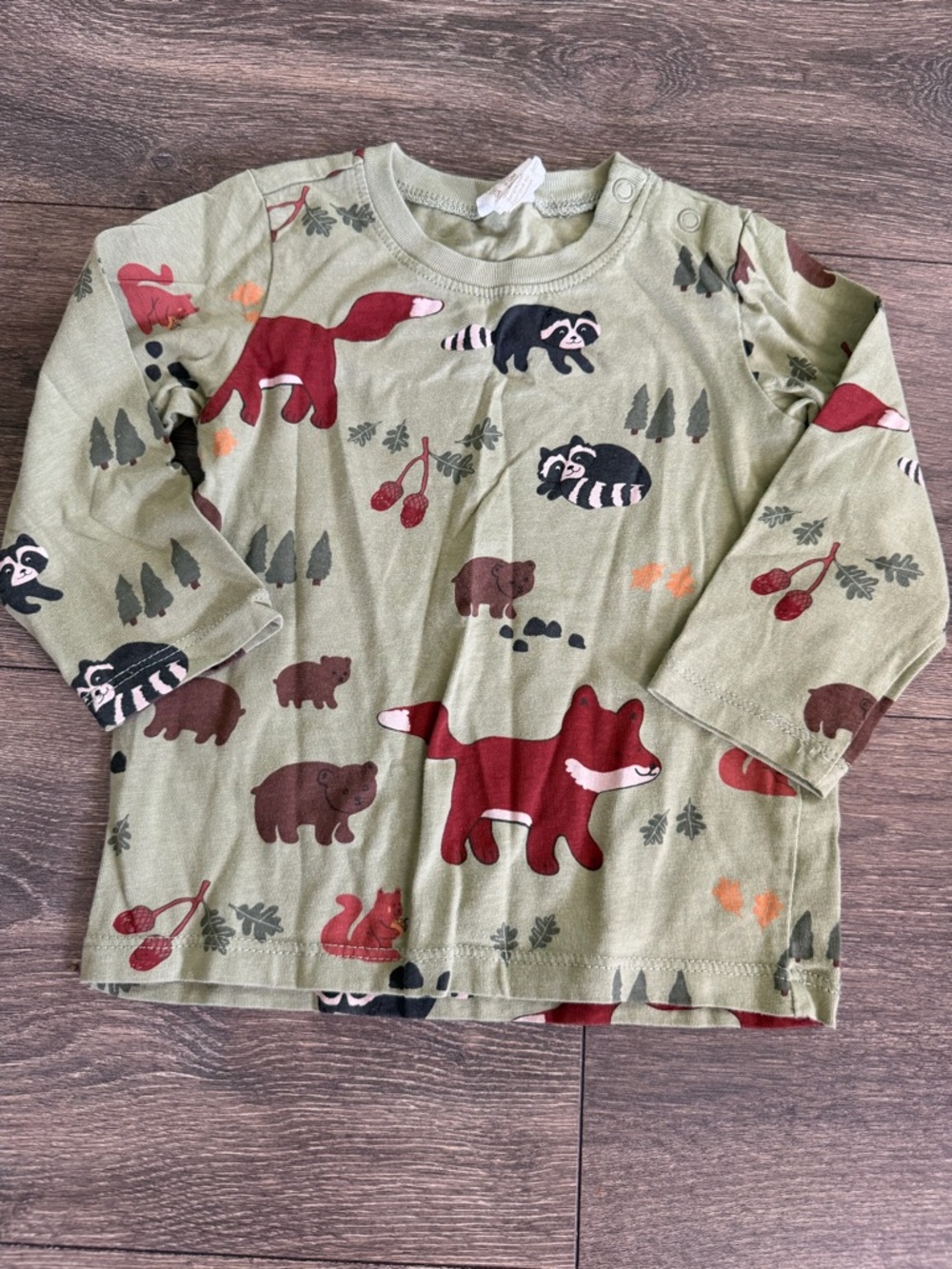 H&M Olive Green Long Sleeve Tee with Fox, Raccoon & Bear Prints